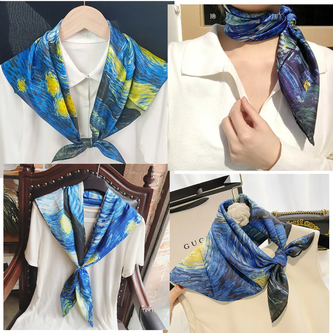 Women Real Silk Oil Painting Small Square Scarf Summer Thin Neck Sscarves