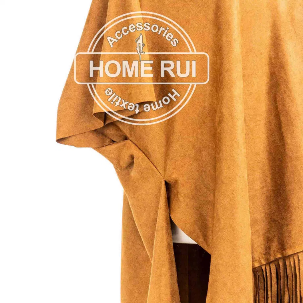 Home Rui Maufacturer Outerwear Spring Autumn Woman Apparel Accessory Fashion Suede Trendy Plain Mustard Oversize Wraps Fringes Cardigan Cloak Cape