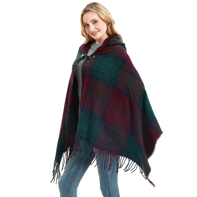 Winter Plaid Ladies Hooded Poncho Cape with Horn Button