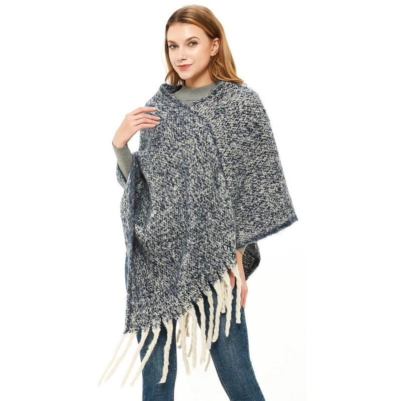 Hot Sale Women Solid Color Poncho Cape Shawl with Tassel