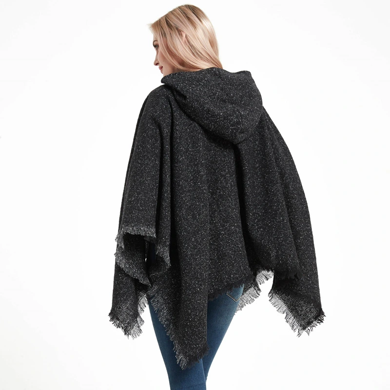 Winter Woman Hooded Shawl Wrap Poncho with Solid Color