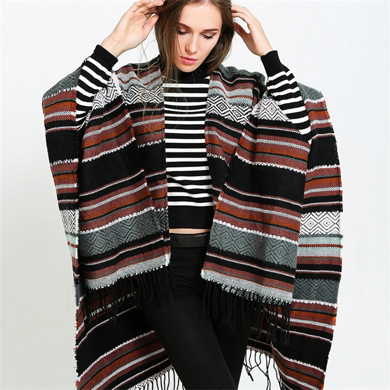 Women&prime; S Stripe Ponchos Cashmere Acrylic Thermal Female Capes Insulation Air Conditioning Shawls Sunshade Cloaks