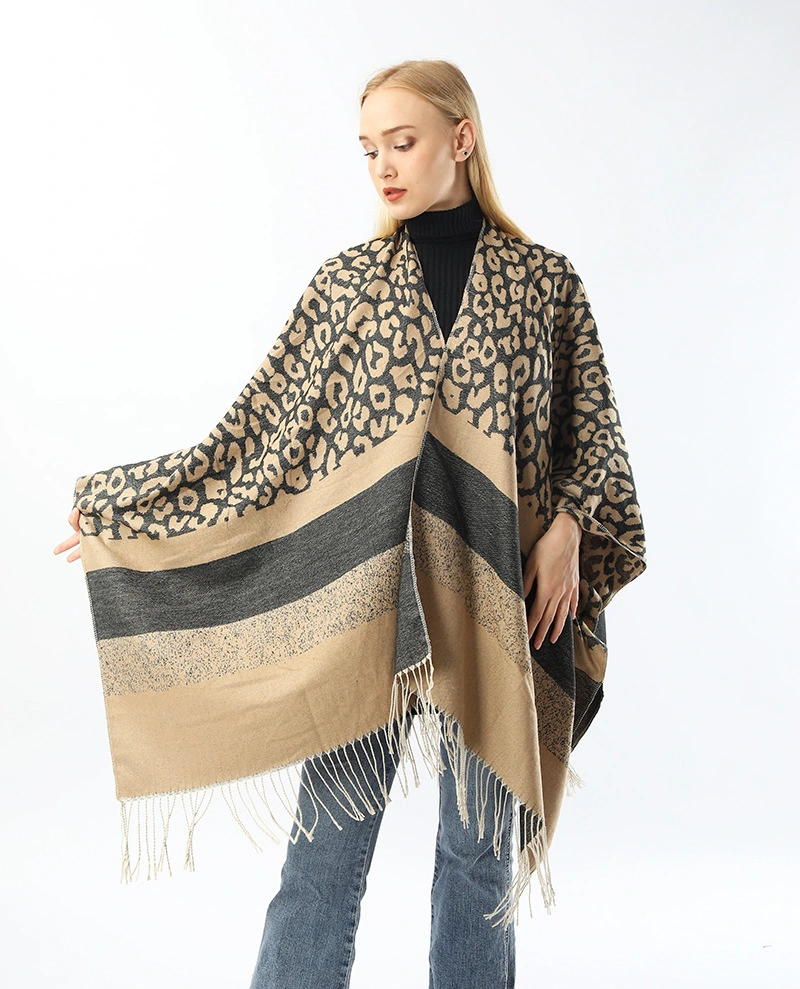 Winter Blanket Cape Women Poncho Striped Cape Shawls Knitted Leopard Shawl
