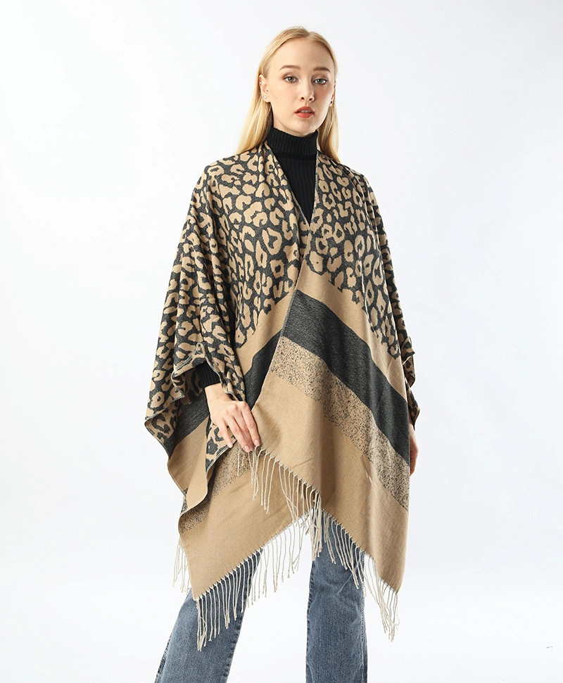 Classic Fashion Poncho Leopard Winter Cape for Women Plaid Double-Sided Shawl