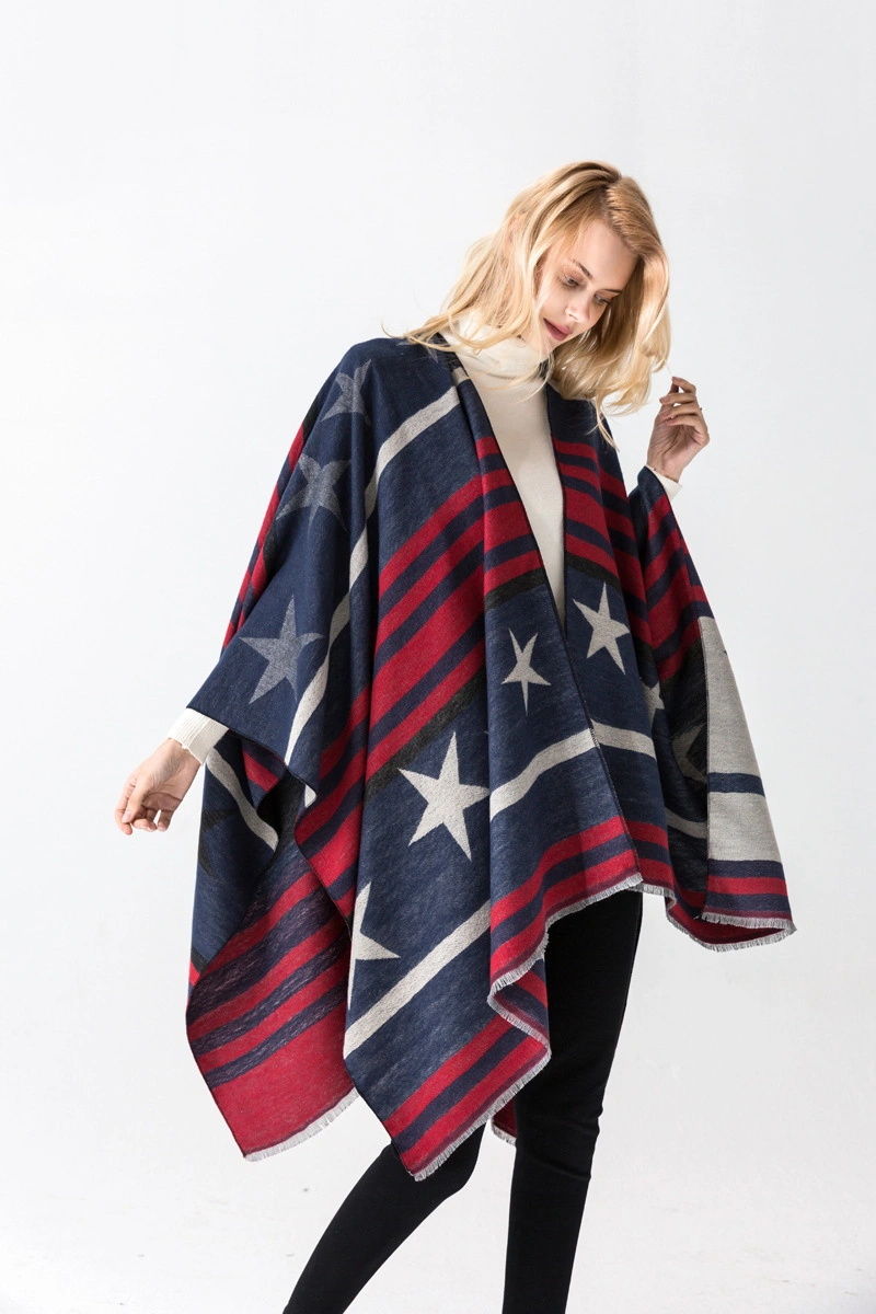 Red Star Striped Open Front Poncho Shawls Wrap Knitting Sweater Women Cape
