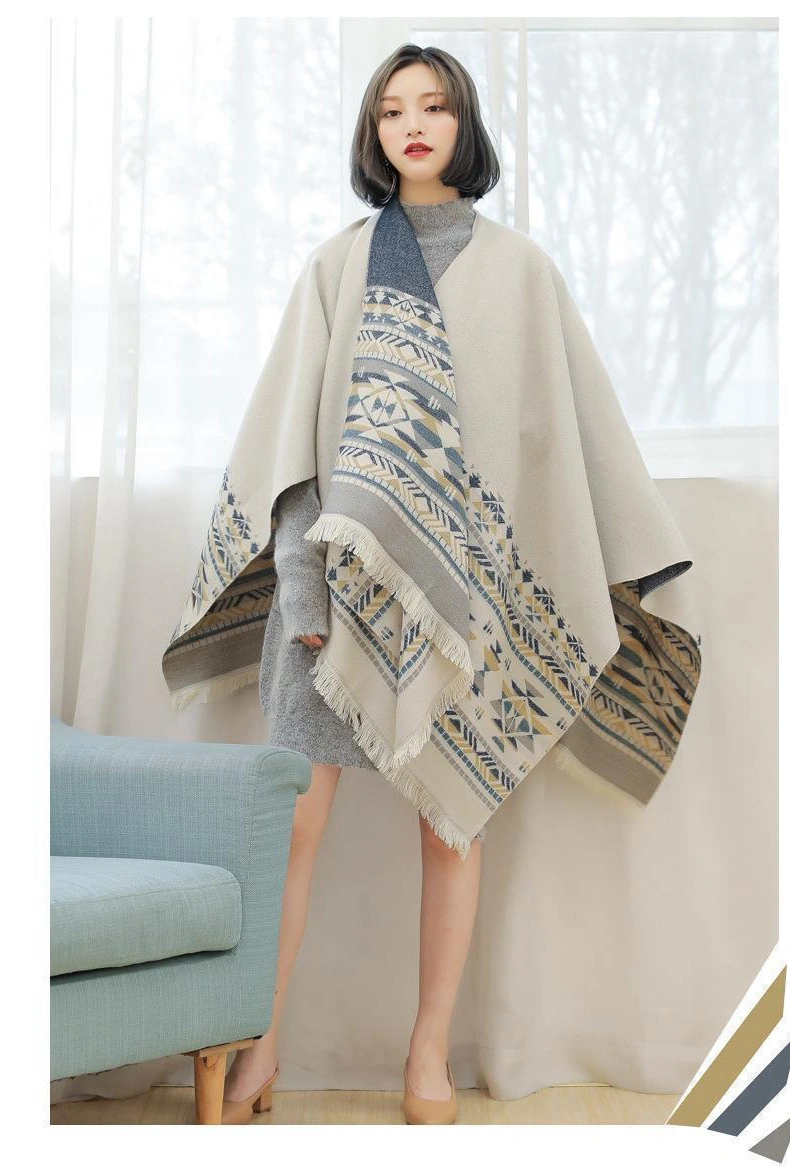 Customized Open Front Warm Shawls Fashion Women Winter Jacquard White Ponchos
