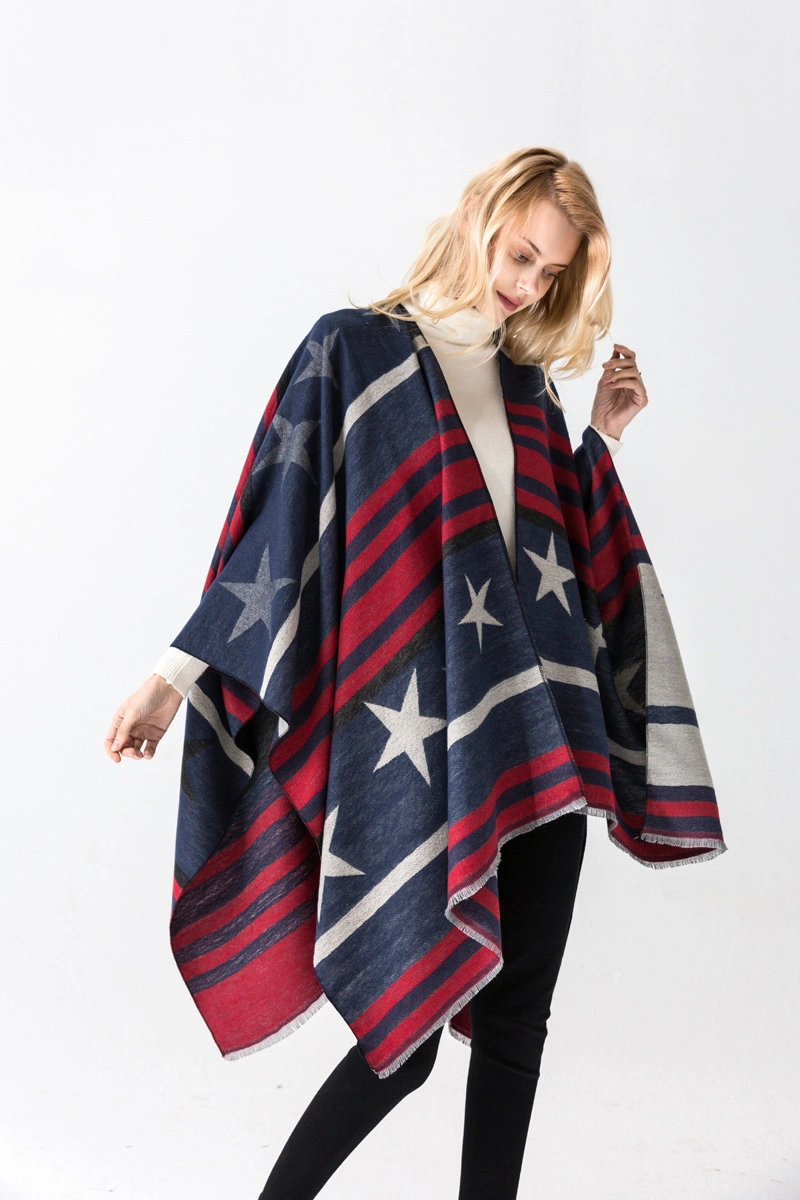 Red Star Jacquard Thick Woven Women Open Front Poncho for Winter