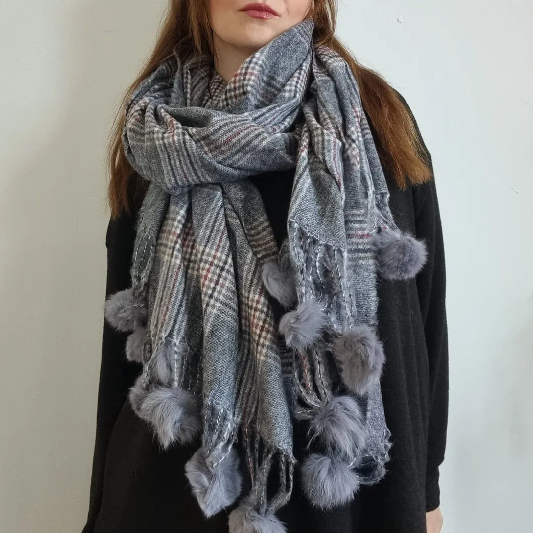 Check Thick Faux Fur Pompom Scarf POM POM Cashmere Stole