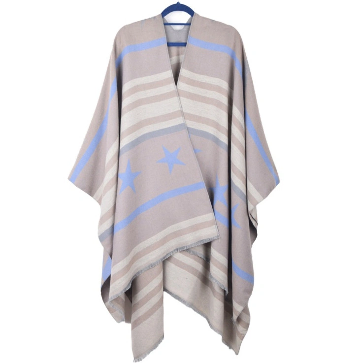 Winter Thick Striped Cape Women&prime;s Star Pattern Poncho Warm Split Shawl