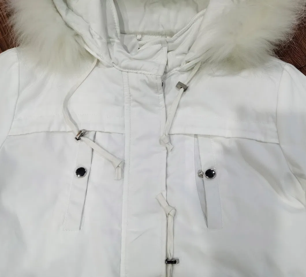 Woman Winter White Color MID-Long Length Faux-Fur Hood Outdoor Coat