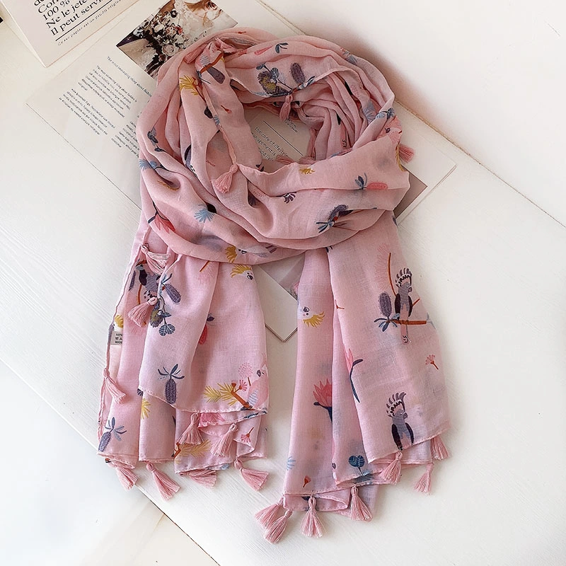 2023 New Pink Cotton and Linen Scarf Women&prime; S Spring and Summer Thin Section Shawl Tassel Parrot Korean Version Long Wild Silk Scarf