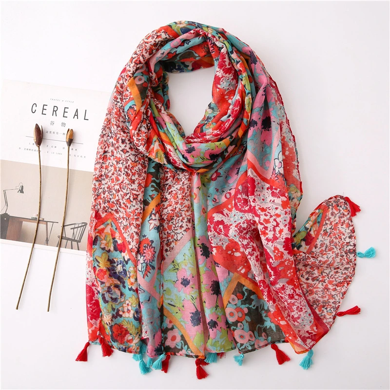 Boho Tassel Vacation Bohemia Muffler Polyester Voile Summer Wrap Flora Striped Print Lady&prime;s Ethnic Scarf