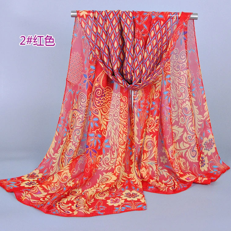 New Fashion Chiffon Plain Printing Popular Peacock Pattern Silk Women Scarf Polyester Cotton Soft Long Lady Scarf