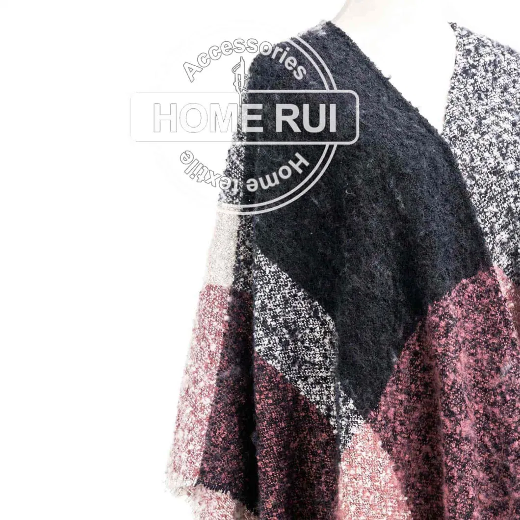 Spring Autumn Woman Lady Warm Fashion Acrylic Woven Boucle Yarn Brushed Black Rust Mixed Colour Fringe Wraps Grids Plaid Checks Shawl Poncho Pallium