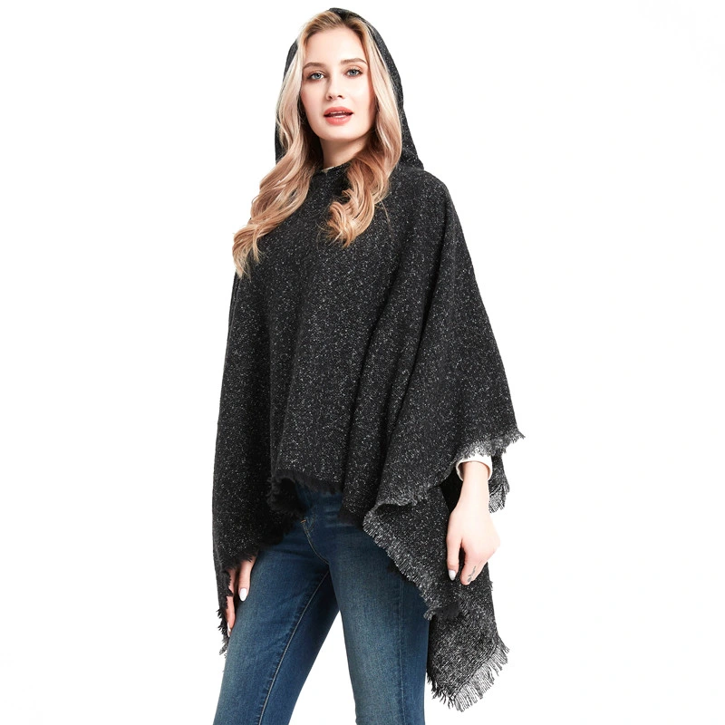 Winter Woman Hooded Shawl Wrap Poncho with Solid Color