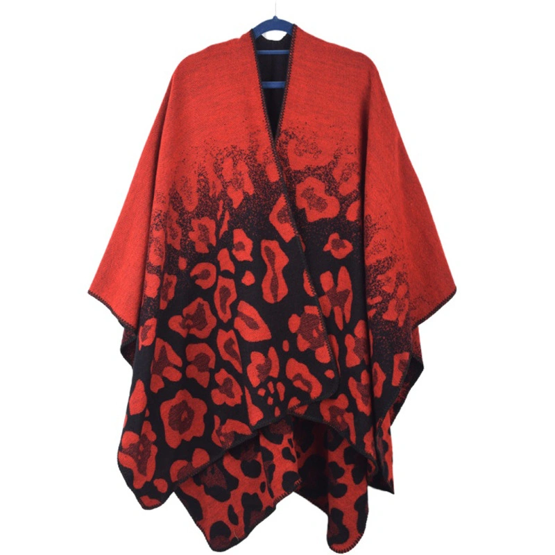 Stylish Polyester Poncho Winter Jacquard Scarf Shawl Leopard Pattern Women Cape