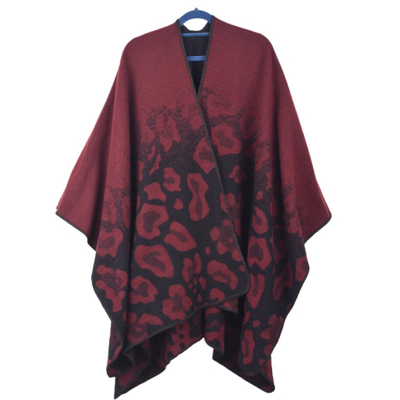 Stylish Polyester Poncho Winter Jacquard Scarf Shawl Leopard Pattern Women Cape