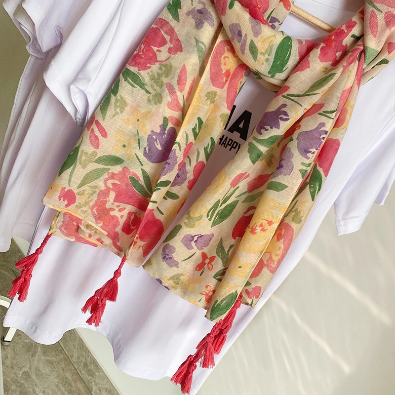 Long Spring Polyester Silk Women Fashion Cheaper Poncho Floral Printing Shawl Scarf
