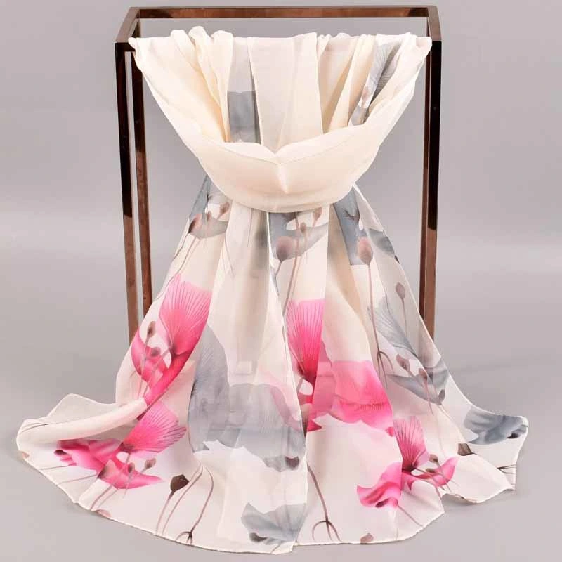 Spring New Gradient Color Ginkgo Chiffon Printed Long Silk Scarf