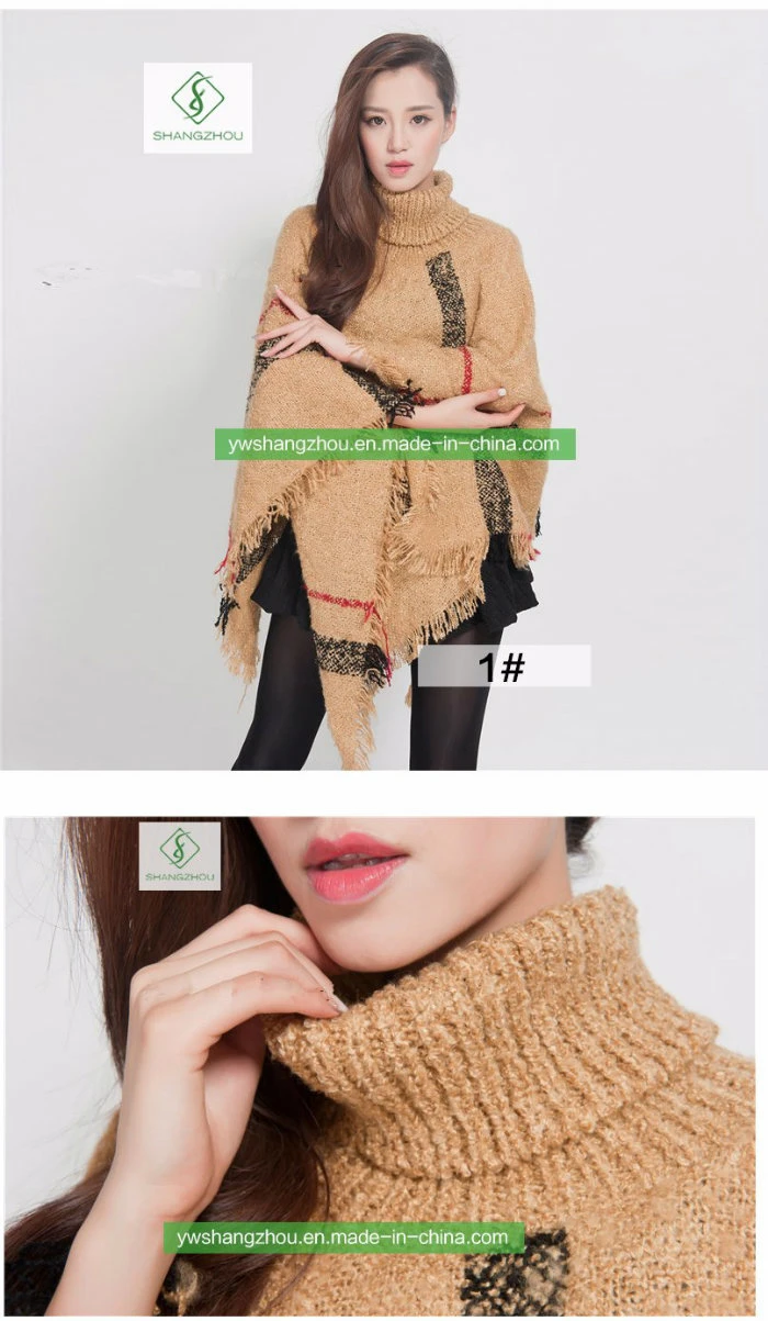 Europe High-Quality Winter Plaid Thick Shawl Fashion Women Turtleneck Cloak