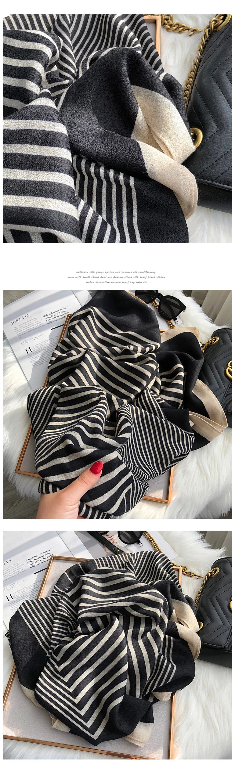 Women Fashion Scarves Big Brand Design Print Lady Poly Silk Shawl Cotton Stole Scarf for Girls with Letter Stripes