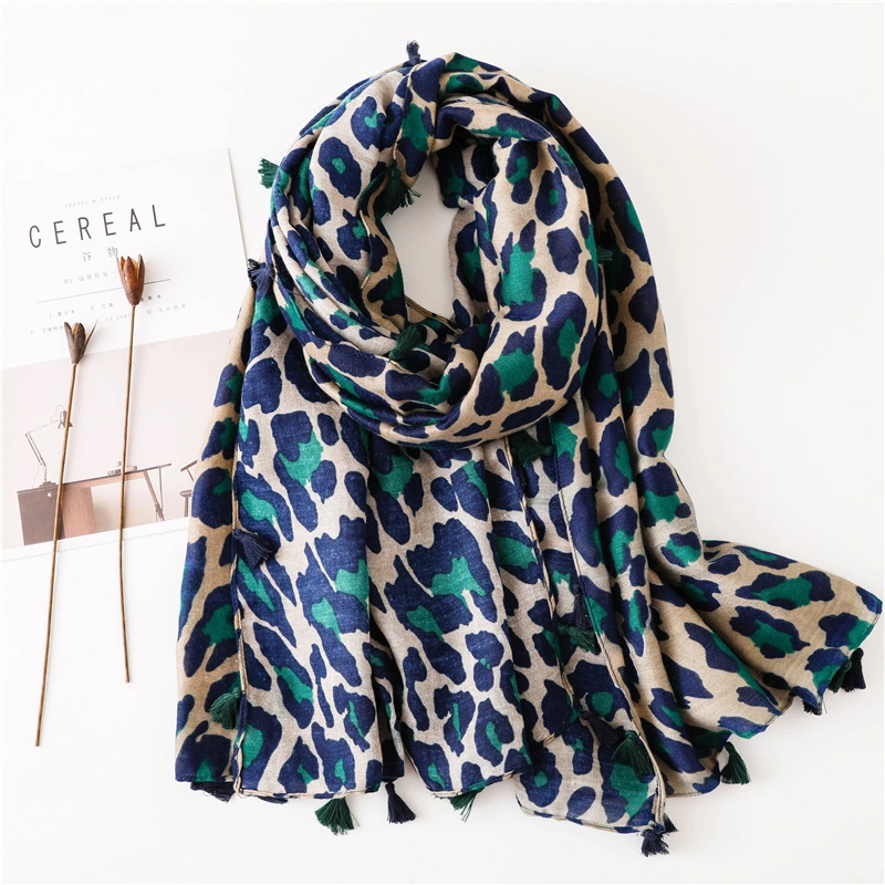 Female Autumn Winter Classic Leopard Print Animal Pattern Shawl Tassel Hijab Scarf