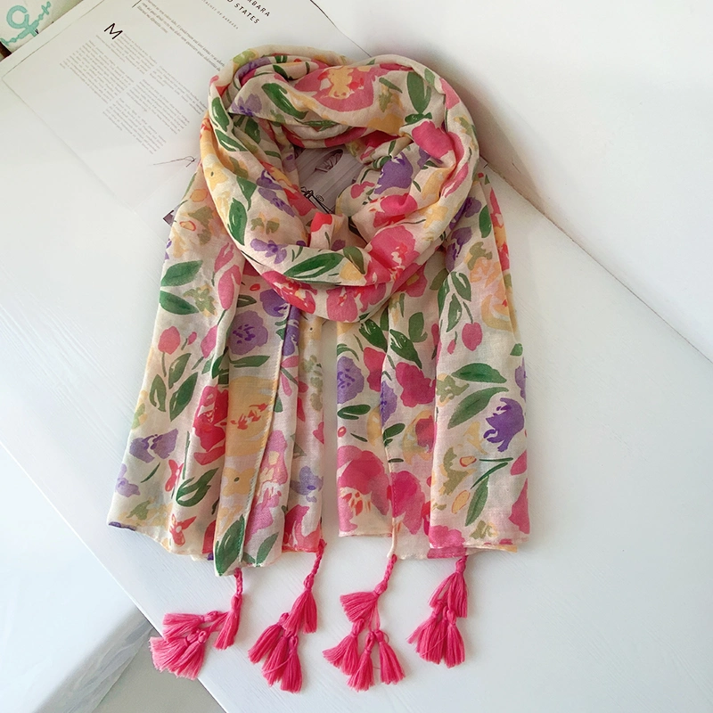 Long Spring Polyester Silk Women Fashion Cheaper Poncho Floral Printing Shawl Scarf