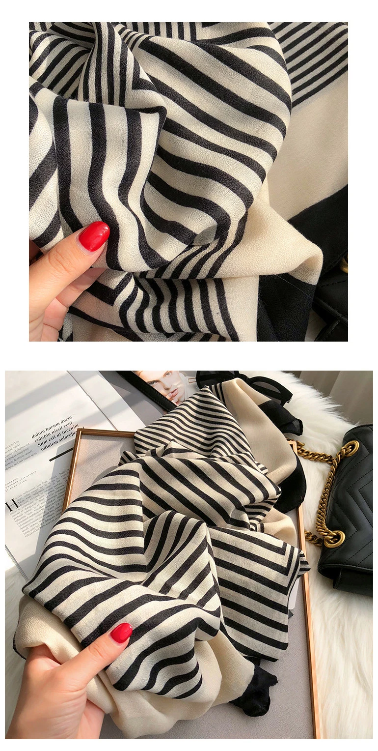 Women Fashion Scarves Big Brand Design Print Lady Poly Silk Shawl Cotton Stole Scarf for Girls with Letter Stripes