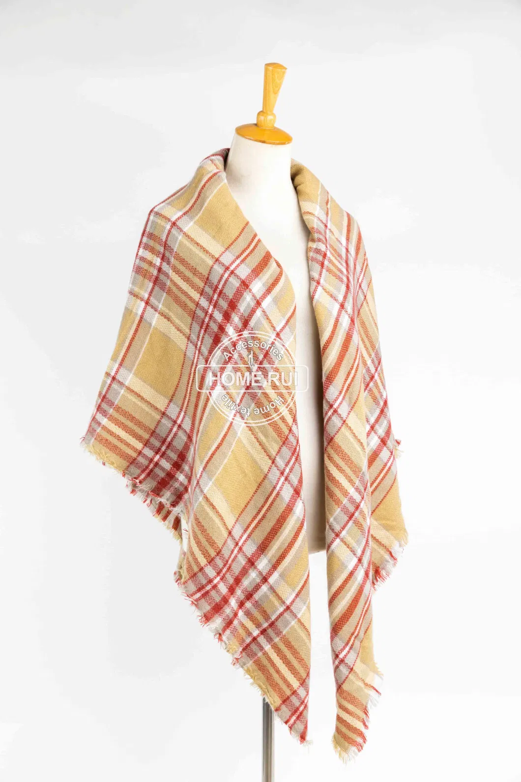 Wholesaler Outerwear Apparel Accessory Women Spring Winter Camel Short Fringe Checks Grid Tartan Warm Pashmina Windowpane Beach Headwear Blanket Scarf Shawl