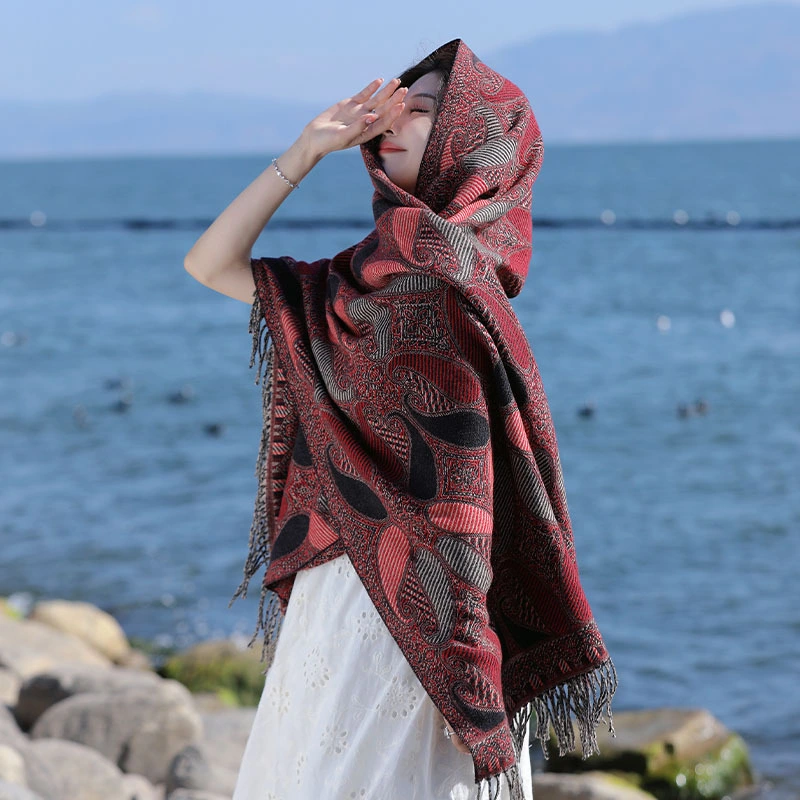 Paisley Pattern Tow Layered Woven Pashmina Shawl Scarf Wrap Stole