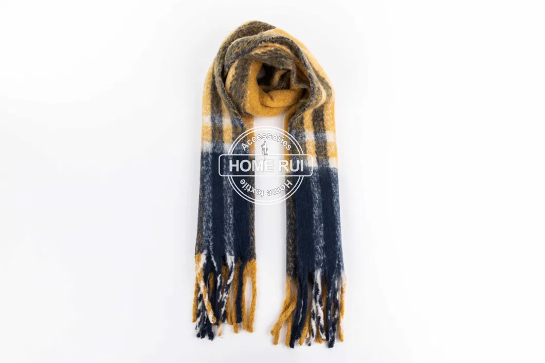 Wholesaler Outerwear Outfit Apparel Accessory Unisex Winter Long Fringe Orange Color Block Grid Tartan Striped Lined Shawl Pashmina Windowpane Blanket Scarf