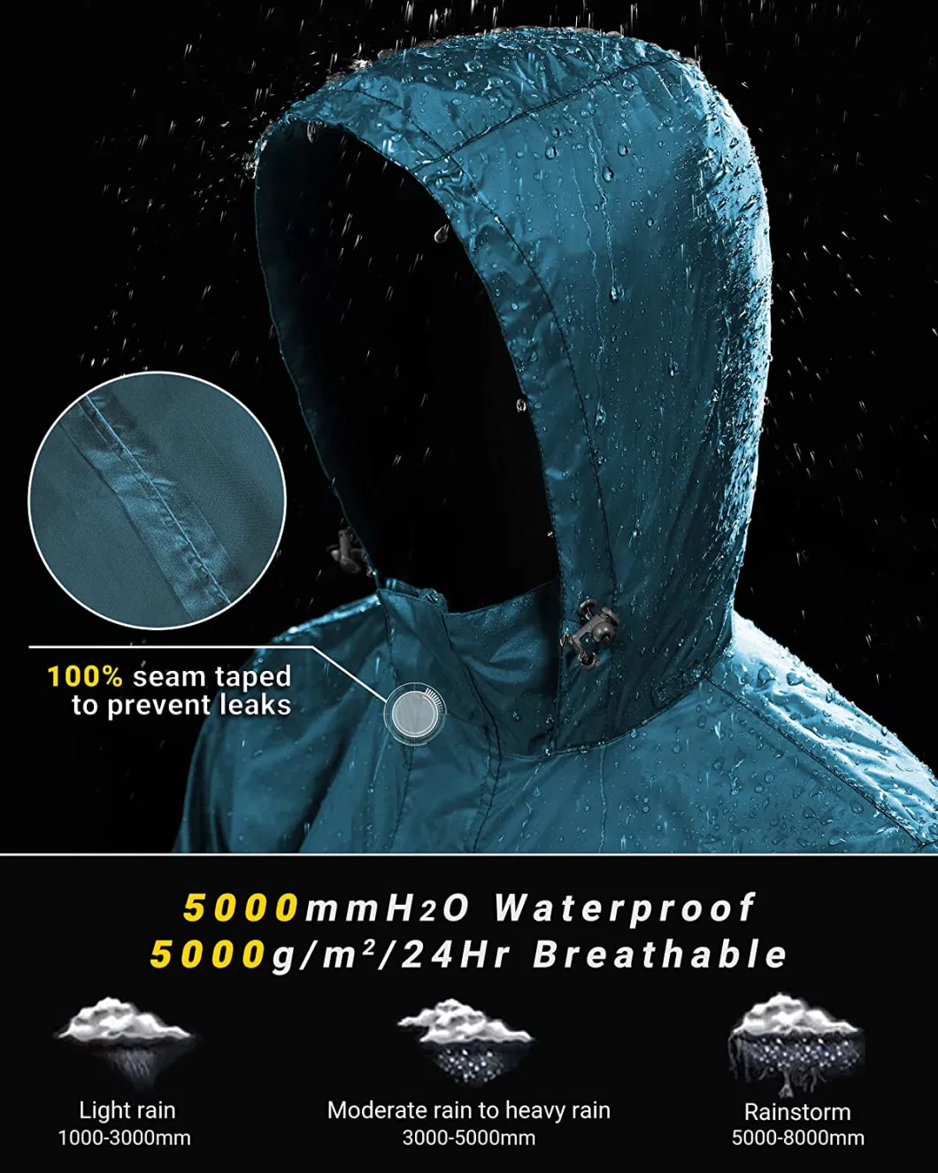 Men&prime; S Pullover Rain Jacket Packable Hooded Waterproof Cycling Running Reflective Raincoats