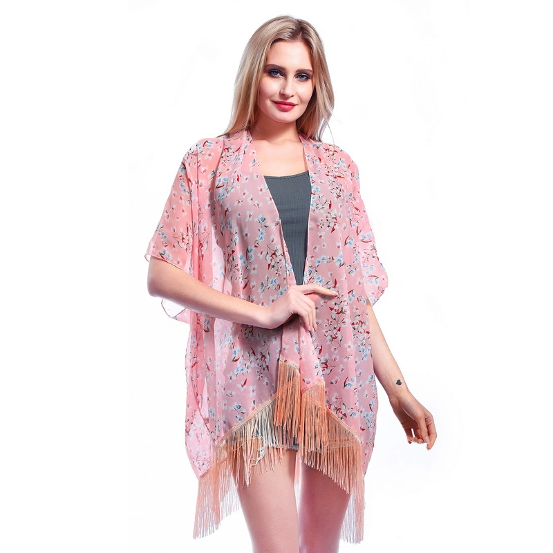 Lady Fashion Summer Sheer Poncho Cape Shawl with Tassel