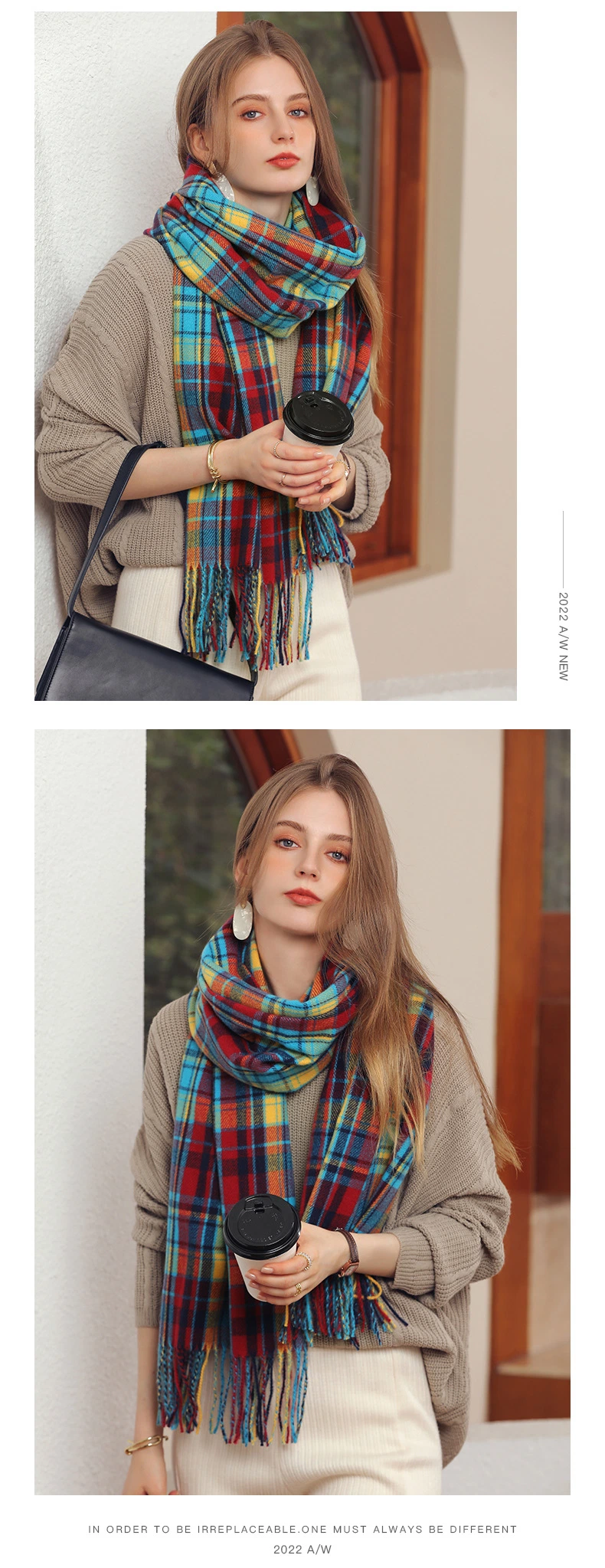 Women&prime;s Autumn and Winter Colorful Plaid Shawl Thickening Warm Fringe Warm Soft Large Blanket Scarf