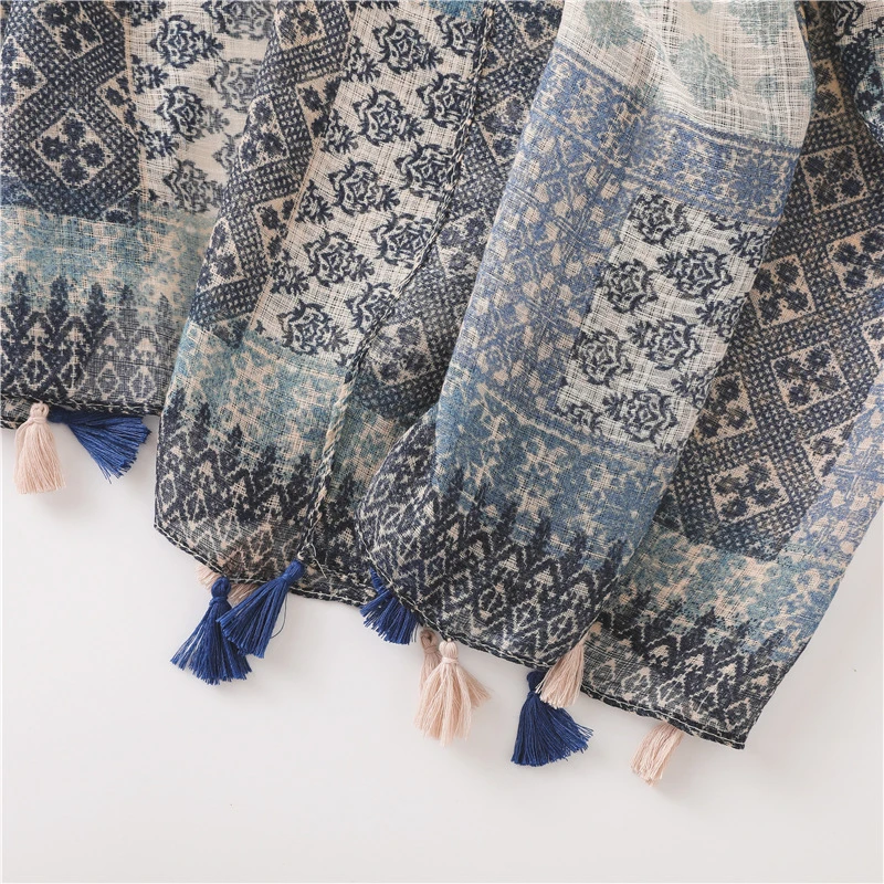 Wholesale Fashion Style Spring Autumn All-Match Custom Simple Elegant Plaid Literary Retro Cotton Linen Handmade Tassel Silk Lady Scarf