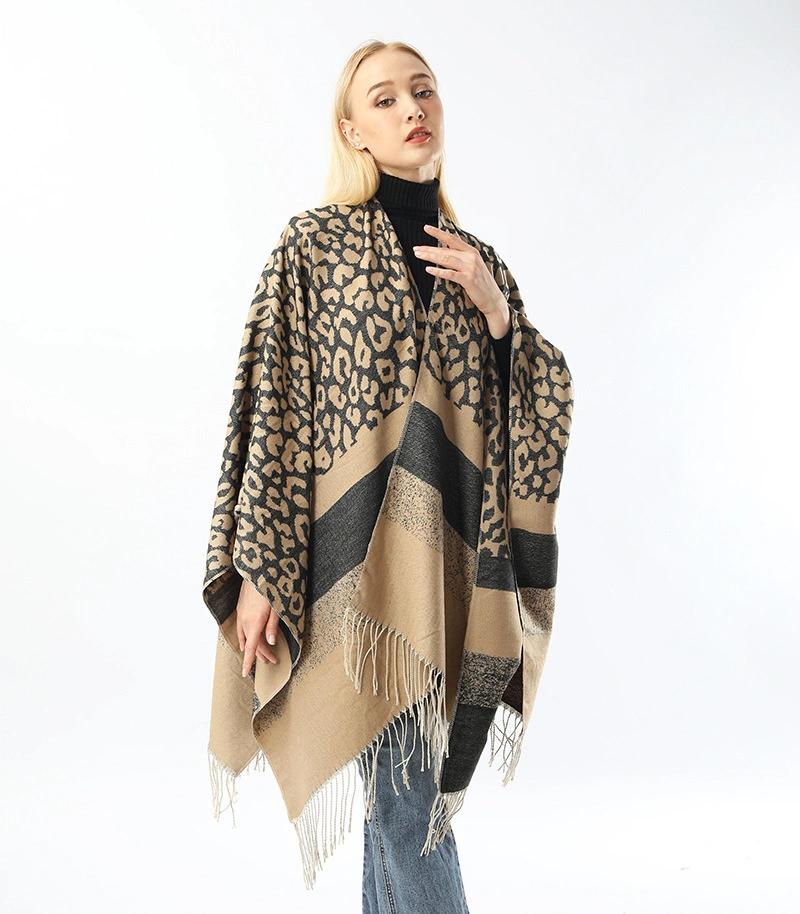 Winter Blanket Cape Women Poncho Striped Cape Shawls Knitted Leopard Shawl