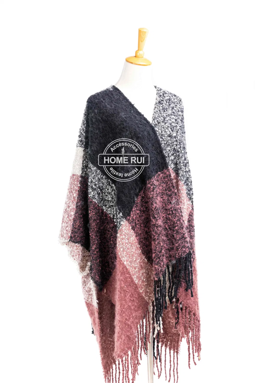 Spring Autumn Woman Lady Warm Fashion Acrylic Woven Boucle Yarn Brushed Black Rust Mixed Colour Fringe Wraps Grids Plaid Checks Shawl Poncho Pallium