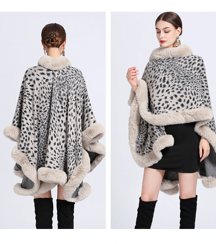 Winter Leopard Print Faux Rabbit Fur Collar Jacquard Women Poncho Shawl Cape