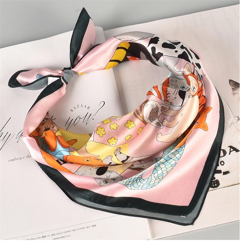 100% Silk High Quality Cartoon Printed Head Scarf in Stock