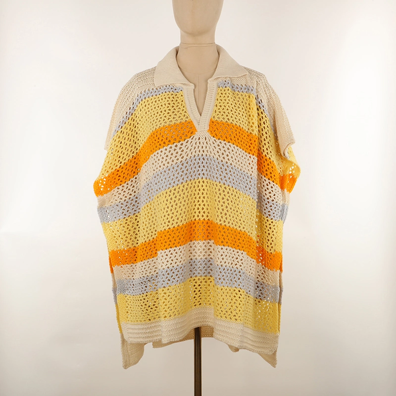Summer Leisure Stripe Luxury Poncho Shawls Knit Crochet Ponchos with Short Sleeve