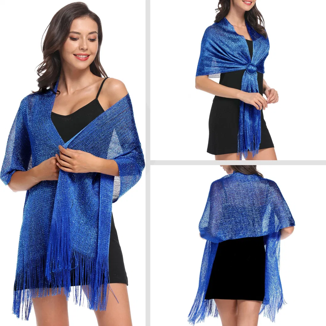 Solid Tassel Scarf Metallic Elegant Evening Party Wedding Scarves Shawls with Buckle