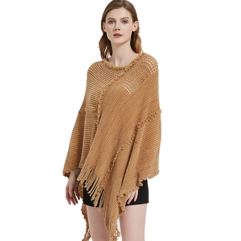 Stylish Winter Warm Chenille Pure Knitted Scarf Poncho Cape with Fringe
