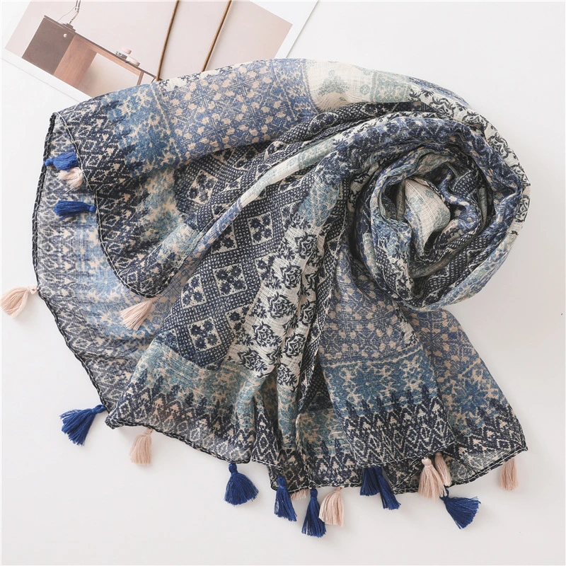 Wholesale Fashion Style Spring Autumn All-Match Custom Simple Elegant Plaid Literary Retro Cotton Linen Handmade Tassel Silk Lady Scarf