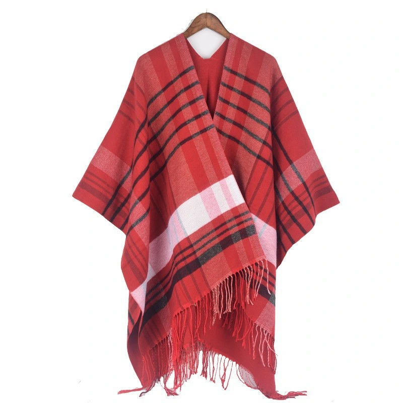 Classic Shawl Scarf Striped Plaid Winter Thick Blanket Cape Tassel Women Poncho