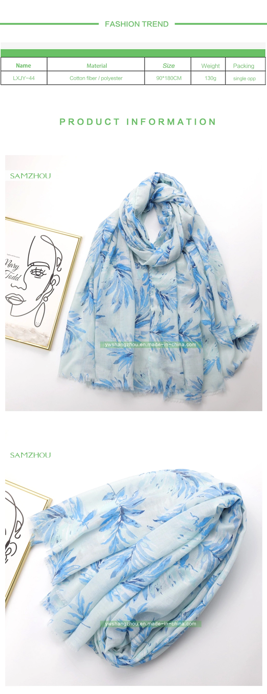 Soft Leaf Printed Spring Viscose Shawl Long Lady Silk Scarf