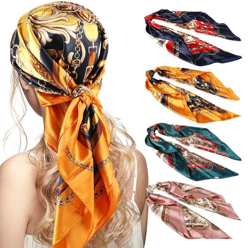 Custom Printing Hijab Silk Shawl Hair and Shawls Printed Scarf for Women Silk Hair Hijabs Adult Satin Summer 90*90cm