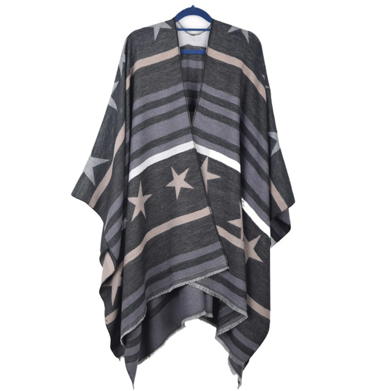 Winter Thick Striped Cape Women&prime;s Star Pattern Poncho Warm Split Shawl