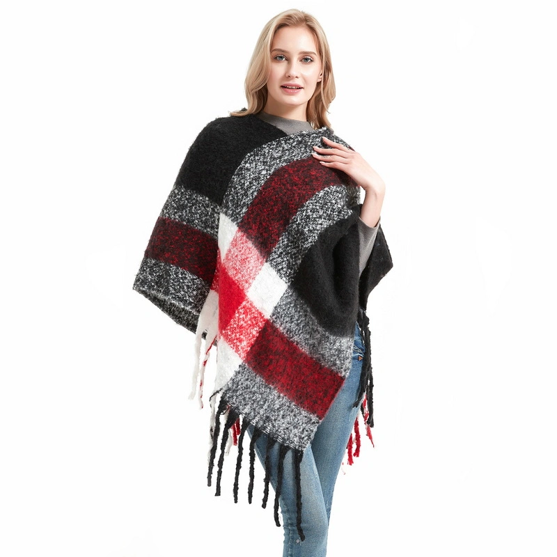 High Quality Winter Women Black Checked Poncho with Tassels