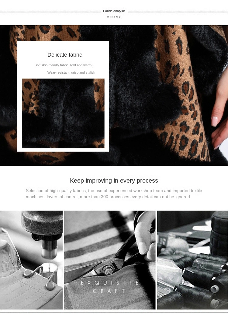 Winter Leopard Print Faux Rabbit Fur Collar Jacquard Women Poncho Shawl Cape