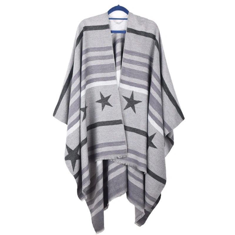 Winter Thick Striped Cape Women&prime;s Star Pattern Poncho Warm Split Shawl